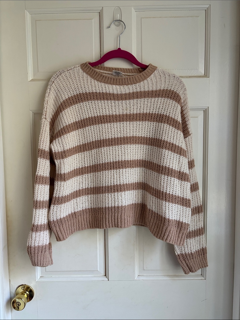 Full Tilt Cream and Tan Striped Crewneck Sweater